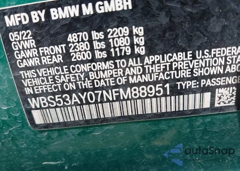2022 BMW M3 Sedan from USA, damaged, VIN WBS53AY07NFM88951